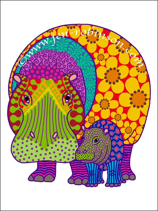 Hippiepotamus & Baba tee-shirt design. Psychedelic version.